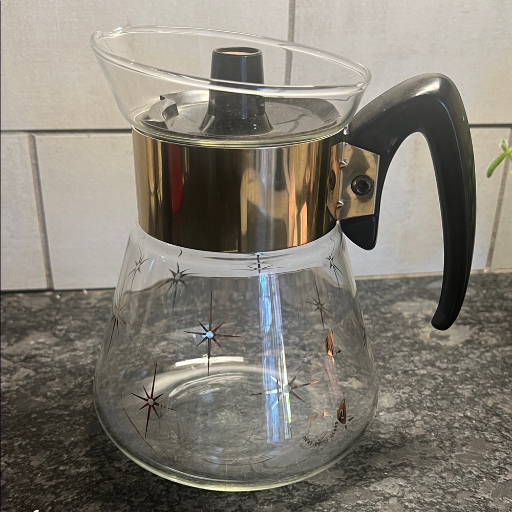 Corningware Glass Coffee Carafe with Black Handle and Gold Accent. Vintage